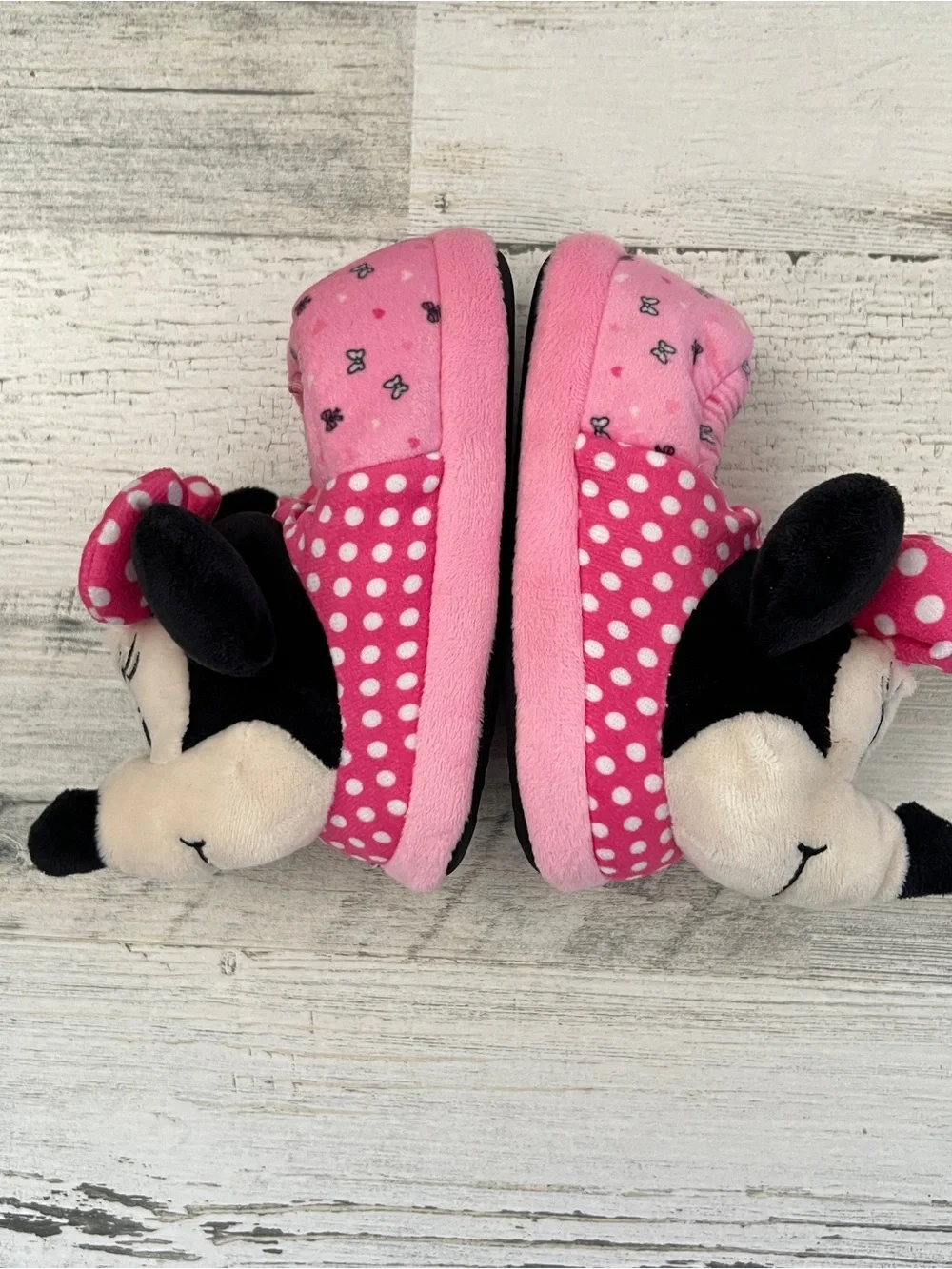 Disney Minnie Mouse Plush Slippers Toddler Girls Size 7/8 Pink Polka Dot Bows